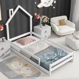 ZNTS Twin Size Wood bed with House-shaped Headboard Floor bed with Fences,White W504102759