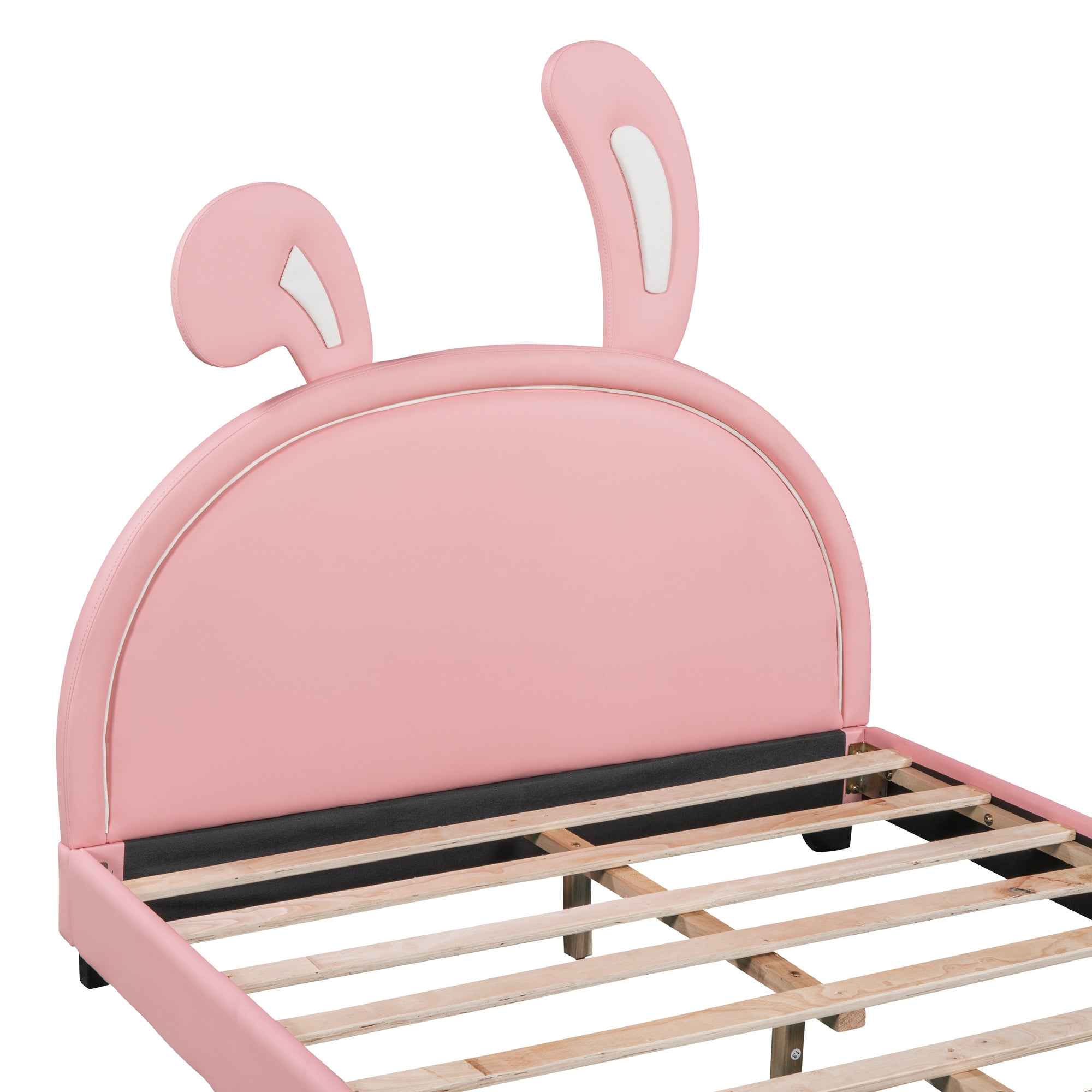ZNTS Full Size Upholstered Leather Platform Bed with Rabbit Ornament, Pink WF299139AAH