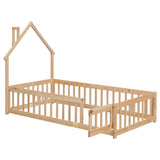 ZNTS Twin House-Shaped Headboard Floor Bed with Fence
,Natural W504119478