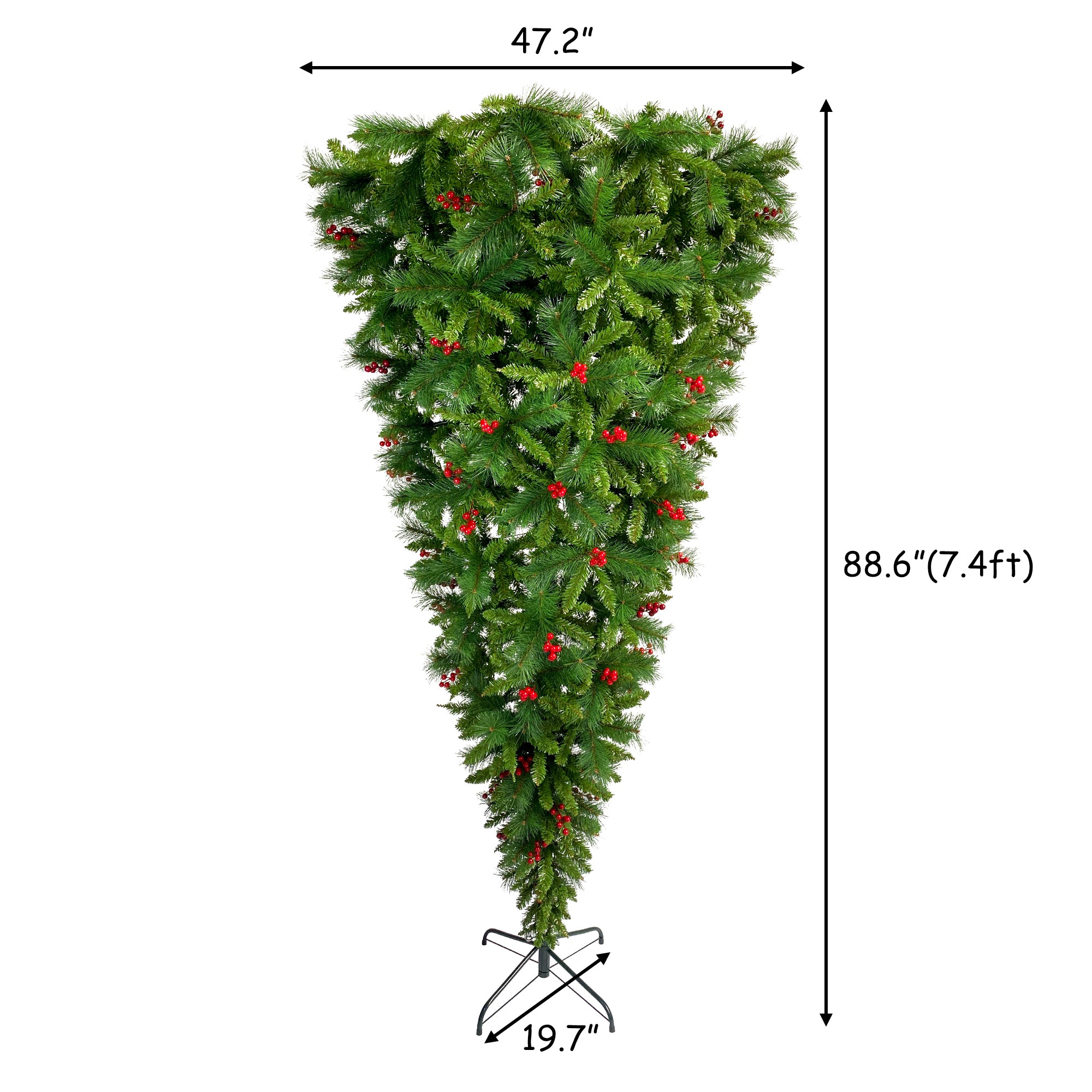 ZNTS GO 7.4 ft Upside Down Green Christmas Tree Hinged Spruce Full Tree, 1500 branch tips, with Red PX283443AAF