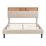 ZNTS Queen Size Upholstered Platform with Storage Headboard and USB Port, Linen Fabric Upholstered WF299338AAA