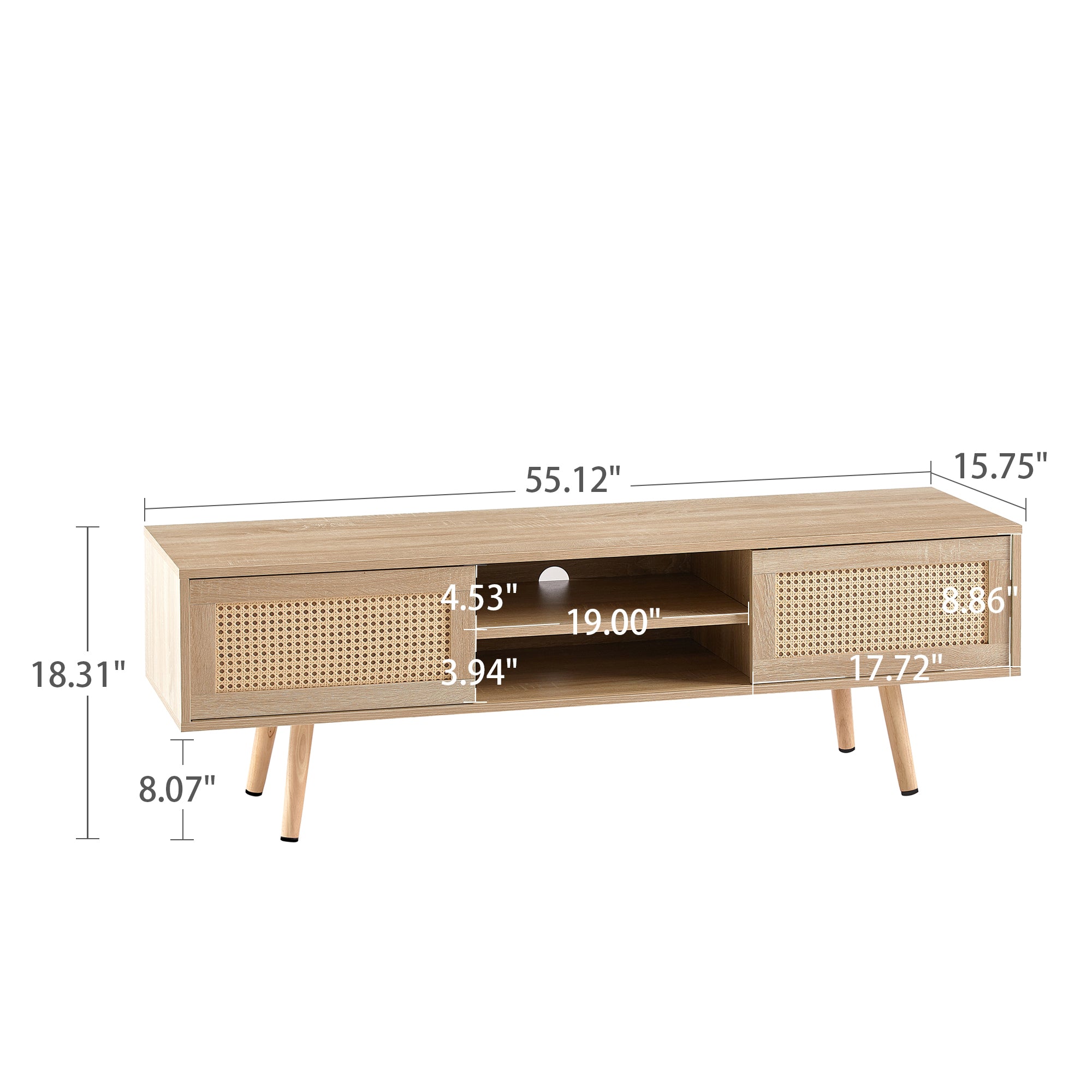 ZNTS 55.12" Rattan TV cabinet, double sliding doors for storage, adjustable shelf, solid wood legs, TV W126573117