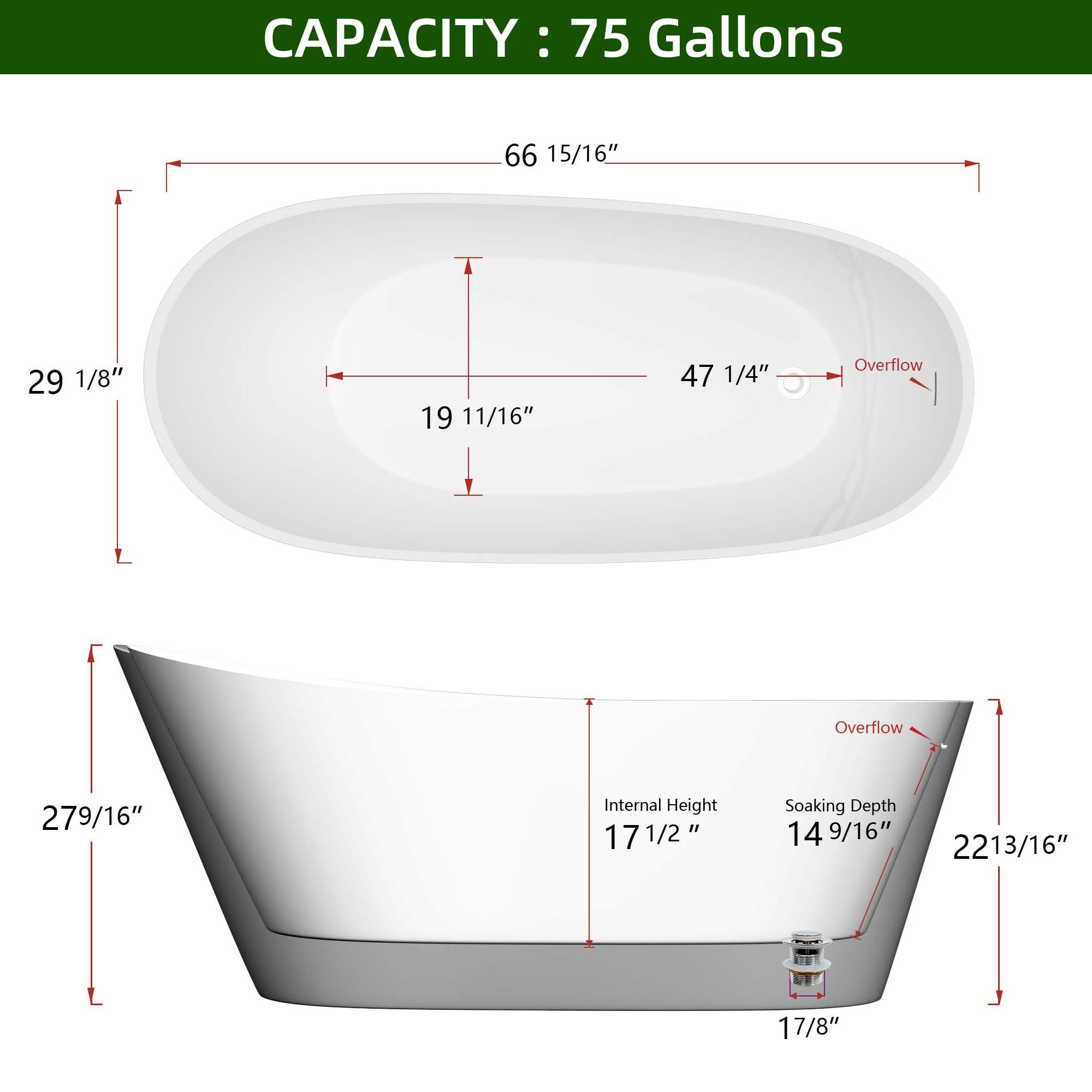 ZNTS 67" Acrylic Free Standing Tub - Classic Oval Shape Soaking Tub, Adjustable Freestanding Bathtub with W99565928