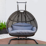 ZNTS Charcoal Wicker Hanging Double-Seat Swing Chair with Stand w/Dust Blue Cushion MWTF-9716KD3