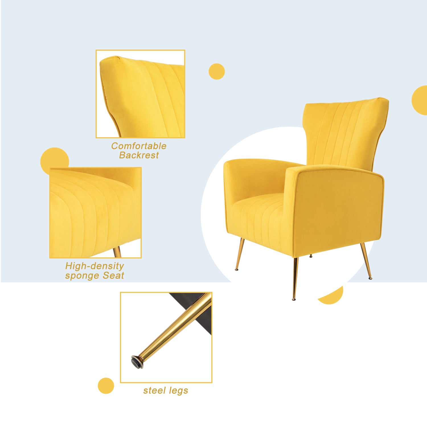 ZNTS Velvet Accent Chair, Wingback Arm Chair with Gold Legs, Upholstered Single Sofa for Living Room W109557311