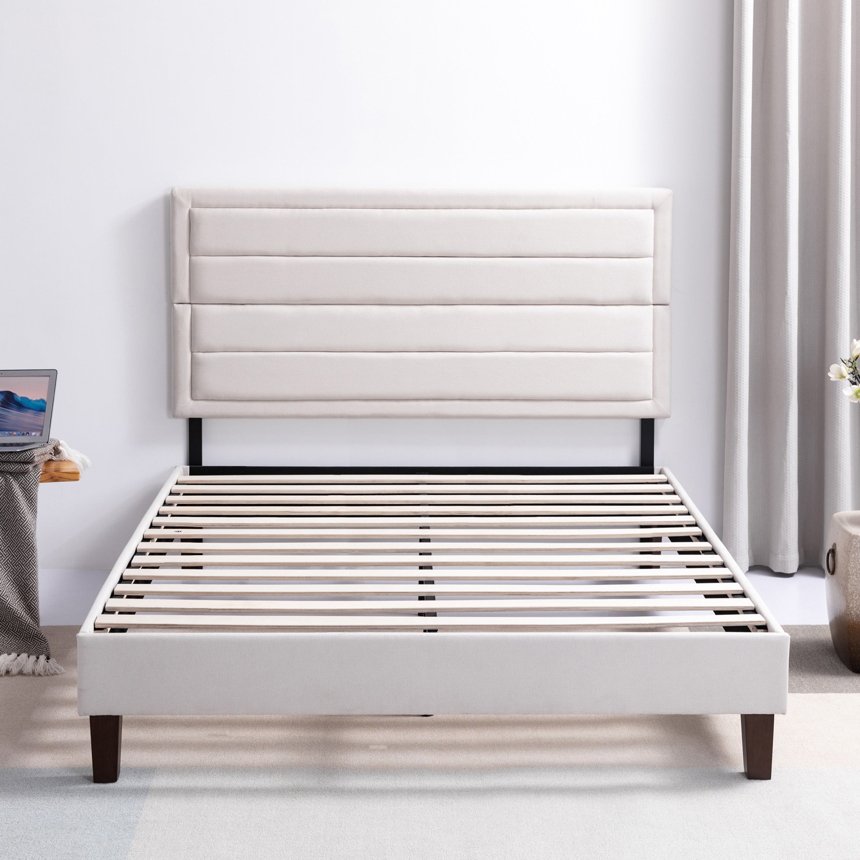 ZNTS Upholstered Platform Bed Frame Queen / Headboad and Storage /Wood Slat Support / Beige W125349296