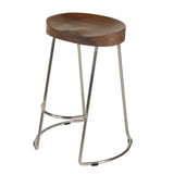 ZNTS Farmhouse Counter Height Barstool with Wooden Saddle Seat and Tubular Frame, Small, Brown and Silver B05671190