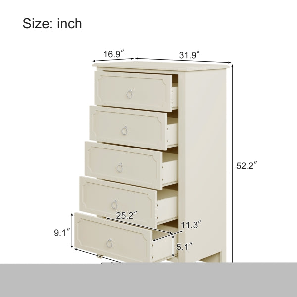 ZNTS Milky White Rubber Wooden Chest Five Large Drawers Silver Metal Handles for Living Room Guest Room WF299163AAK
