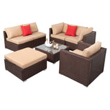 ZNTS 7 Pieces Wood Grain Patio PE Wicker Rattan Corner Sofa Set 38435070