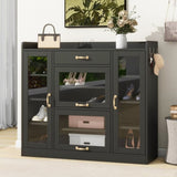 ZNTS ON-TREND Modernist Side Cabinet with 4 Glass Doors & 3 Hooks, Freestanding Shoe Rack with Multiple WF313572AAB