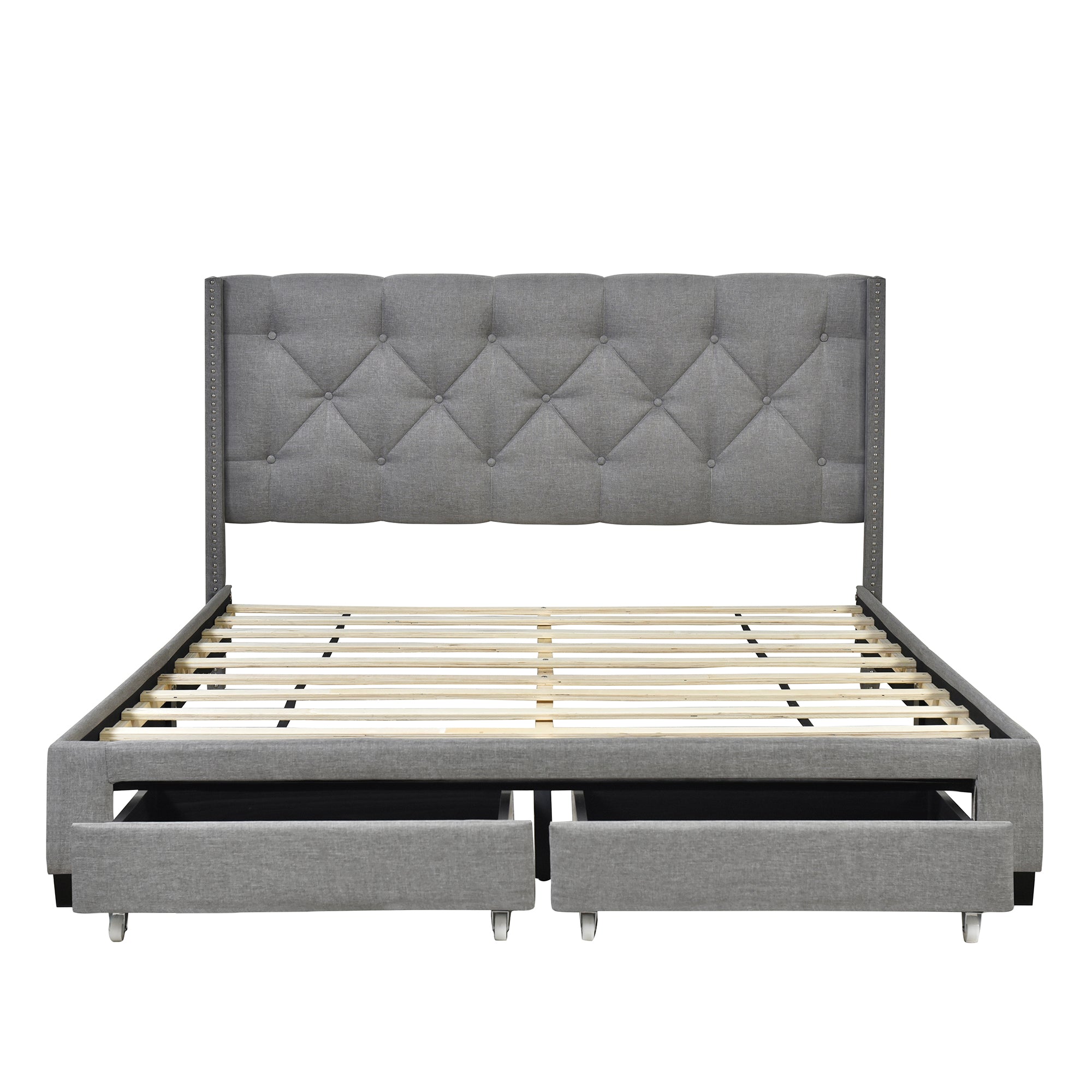 ZNTS Queen Size Storage Bed Linen Upholstered Platform Bed with Two Drawers - Gray WF303649AAE