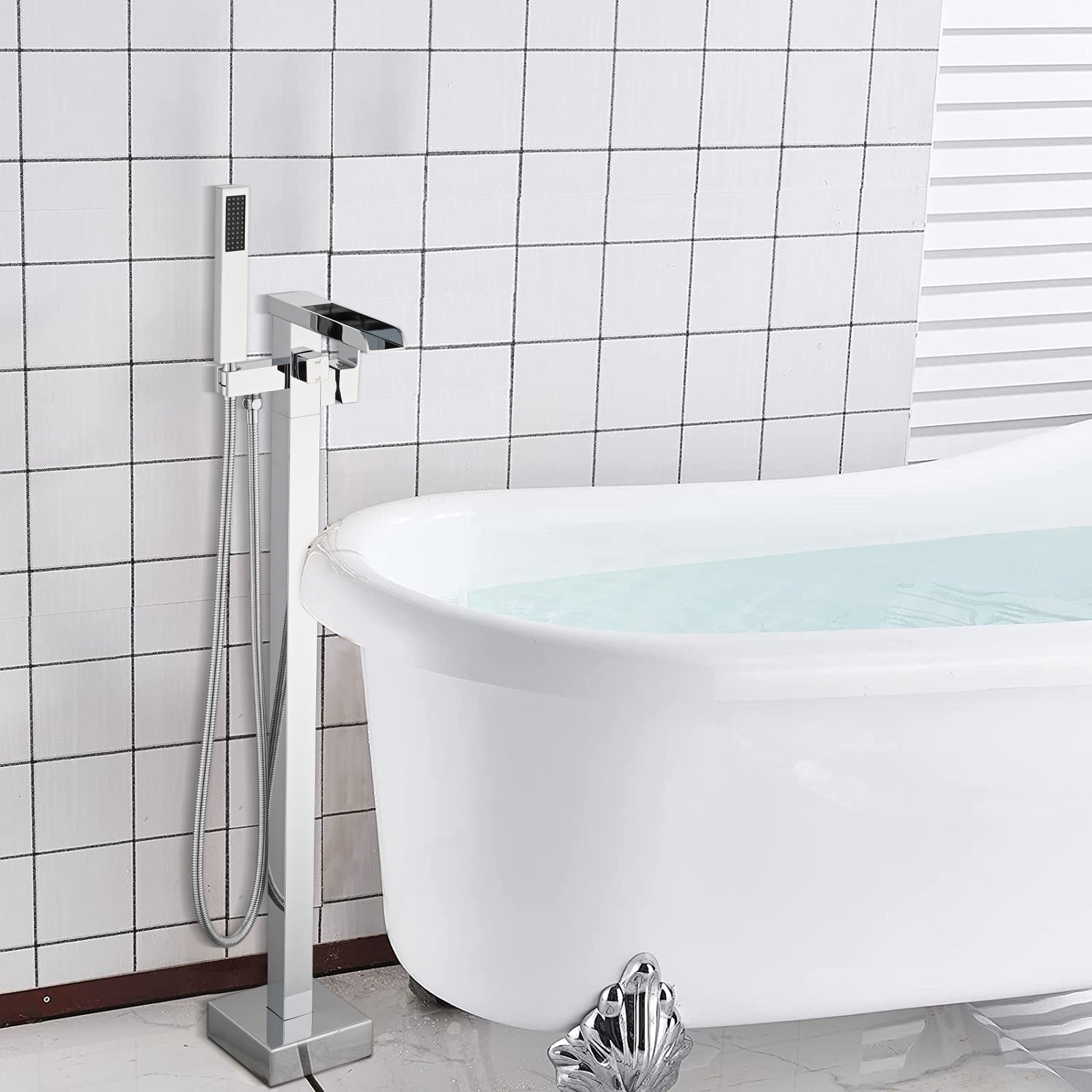 ZNTS Bathroom Freestanding Waterfall Tub filler Matte Black Floor Mount Faucet with Hand Shower W1224105987