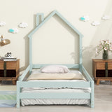 ZNTS Twin Size Wood bed with House-shaped Headboard Floor bed with Fences,Light Green W504102762