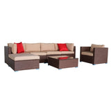 ZNTS 7 Pieces Wood Grain Patio PE Wicker Rattan Corner Sofa Set 38435070