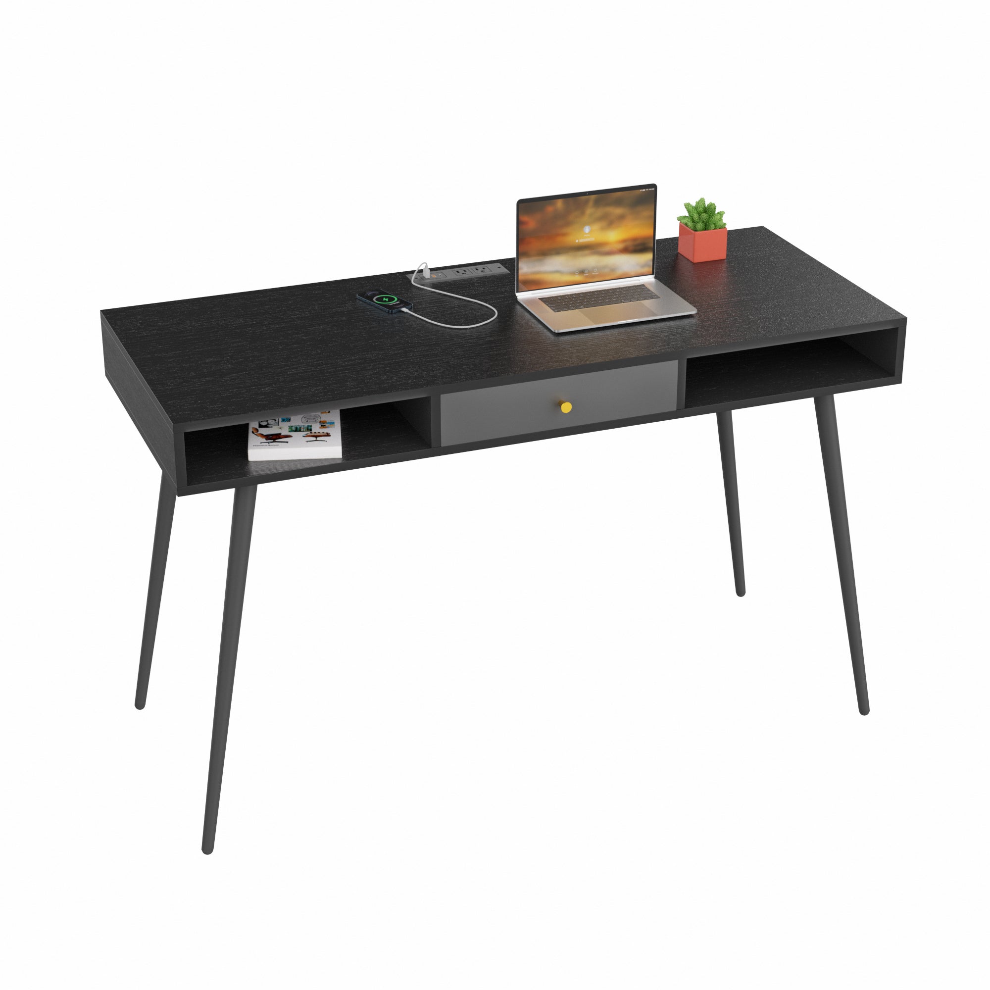 ZNTS Mid Century Desk with USB Ports and Power Outlet, Modern Writing Study Desk with Drawers, W87649728