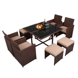 ZNTS 9 Pieces Wood Grain PE Wicker Rattan Dining Ottoman with Tempered Glass Table Patio Furniture Set 19520971