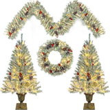 ZNTS Pre-lit Xmas Tree Artificial Christmas 4-Piece Set,Garland, Wreath and Set of 2 Entrance Trees X-mas PX283311AAK
