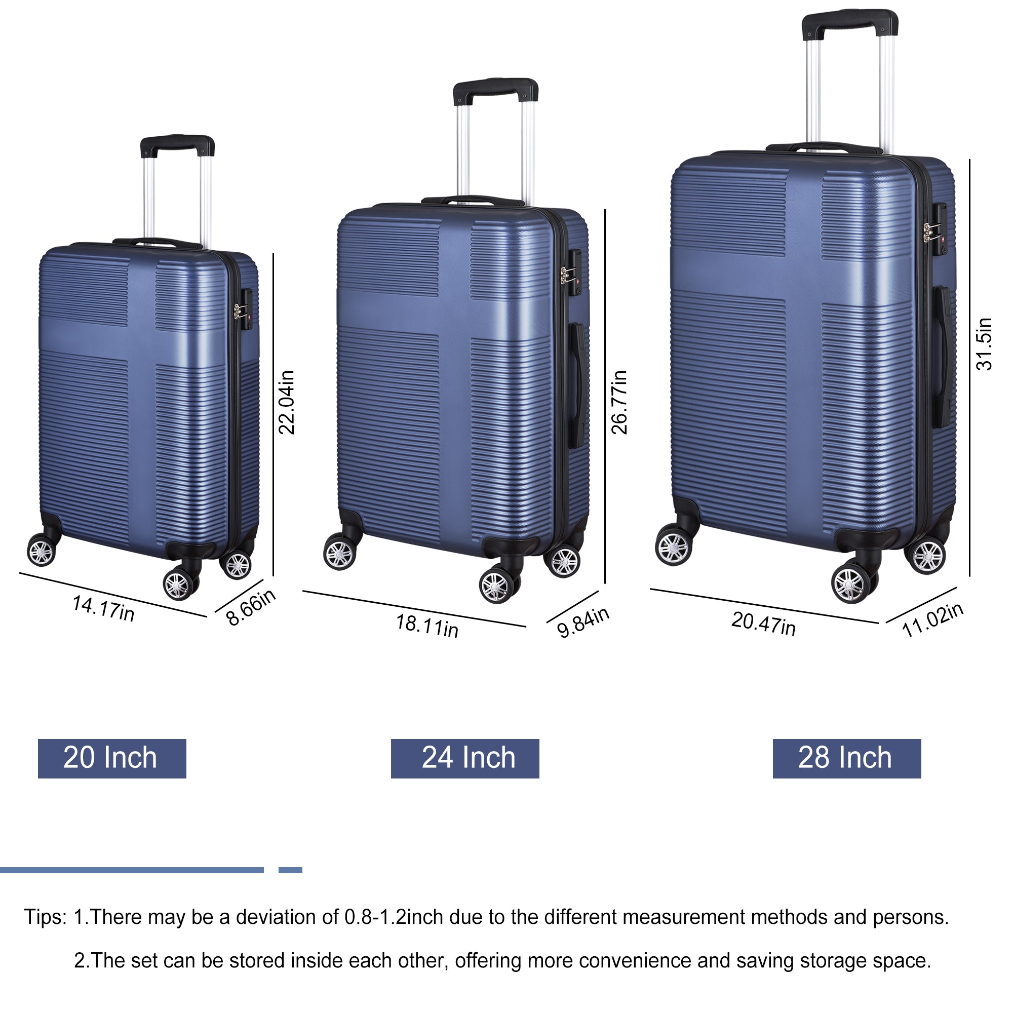 ZNTS 3 Piece Luggage with TSA Lock ABS, Durable Luggage Set, Lightweight Suitcase with Hooks, Spinner W162573153