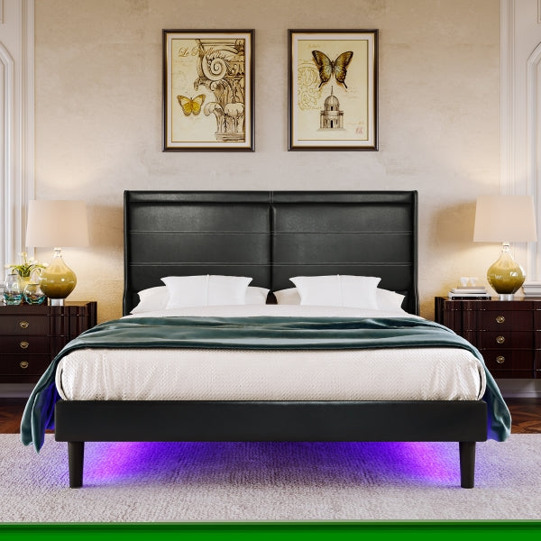 ZNTS Stylish Queen Size PU Leather Upholstered Bed Frame Platform Bed with Lights Stitched Wing-backed W69167506