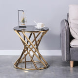 ZNTS Set of 1 Round Glass Top Side Table for Living Room- Black Grey Tempered Glass & Gold Stainless W133084049