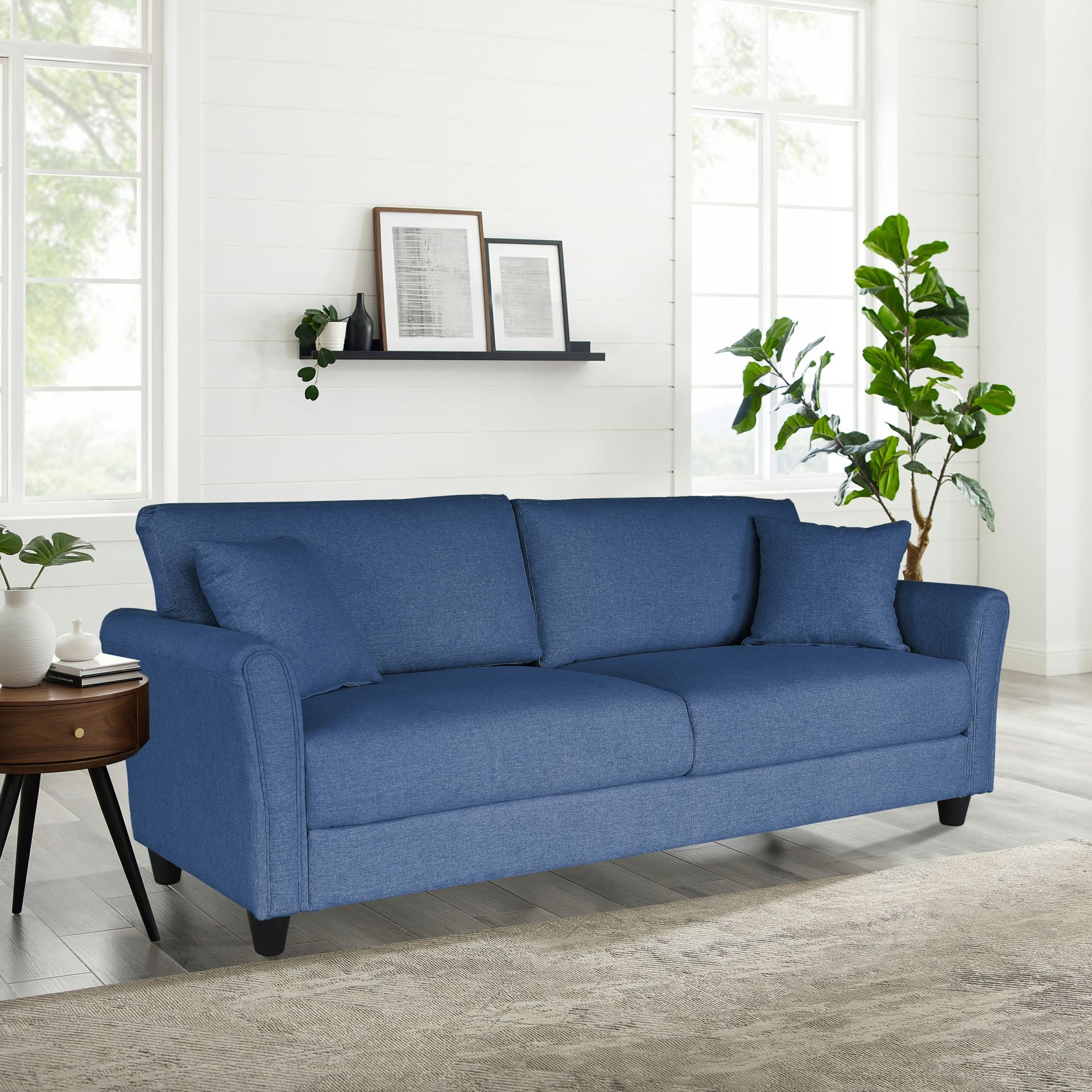ZNTS Blue Linen, Three-person Indoor Sofa, Two Throw Pillows, Solid Wood Frame, Plastic Feet 06584591