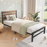 ZNTS Twin Size Platform Bed Frame with Rustic Vintage Wood Headboard, Strong Metal Slats Support Mattress W84084261