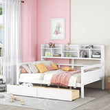 ZNTS Full size Daybed, Wood Slat Support, with Bedside Shelf and Two Drawers, White WF314723AAK