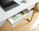 ZNTS Computer Desk Writing Desk with One Drawer Metal Legs and USB Outlet Port – White & Gold B107P147849