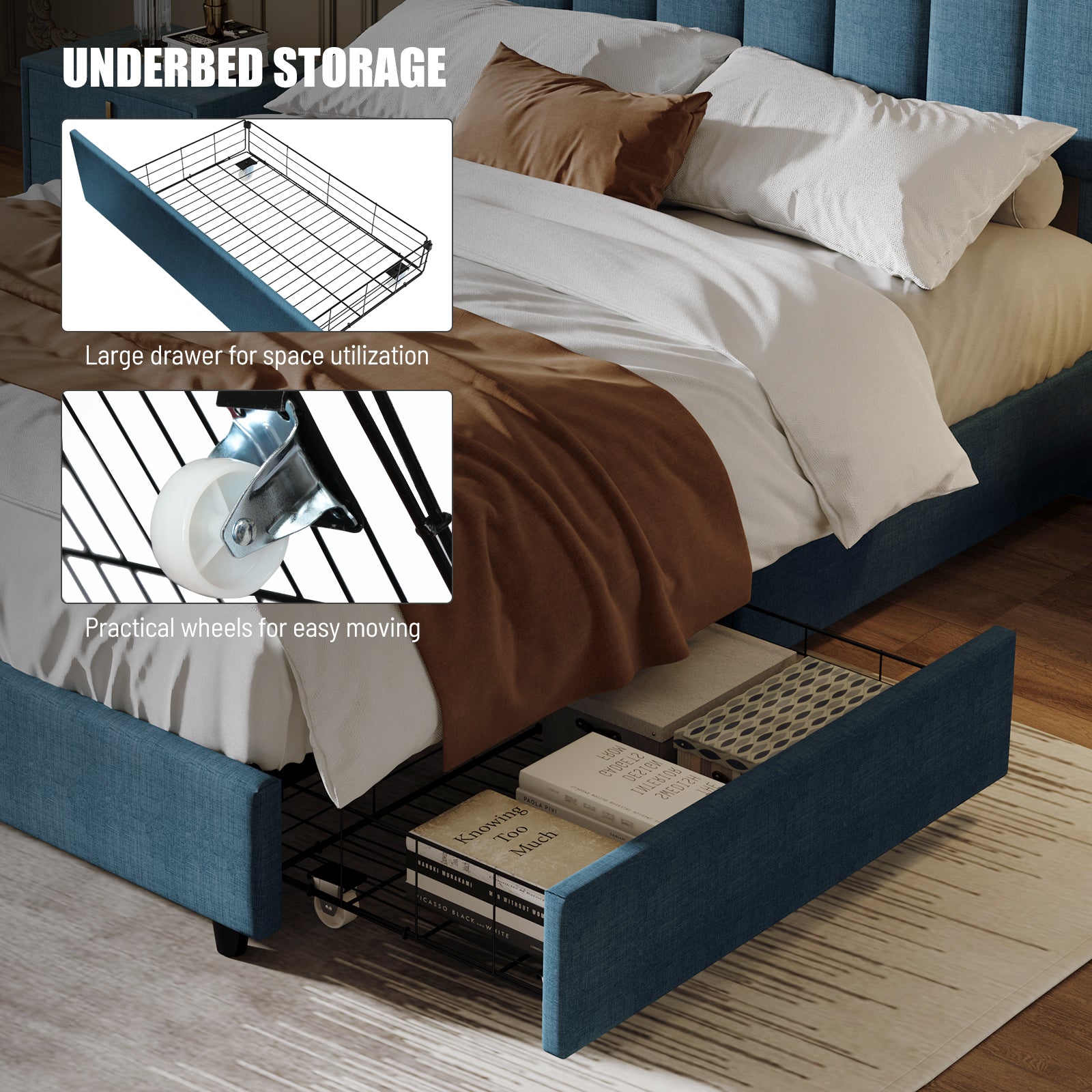 ZNTS Queen Size Upholstered Platform Bed Linen Bed Frame with 2 Drawers Stitched Padded Headboard with W69167519