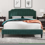 ZNTS Modern Velvet Curved Upholstered Platform Bed , Solid Wood Frame , Nailhead Trim, Green WF298928AAF