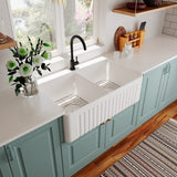 ZNTS Fireclay 33" L X 20" W Double Basin Farmhouse Kitchen Sink With Grid And Strainer JYCAD8229WH