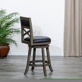 ZNTS 24" Counter Height X-Back Swivel Stool, Weathered Gray Finish, Black Leather Seat B04660724