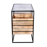 ZNTS 35 Inch Handcrafted Modern Glass Table, Storage Shelves, 3 Drawers, Metal Frame, Natural Brown and B05691275