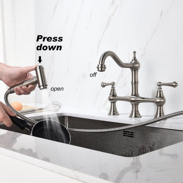 ZNTS Kitchen sink faucet with pull-out side spray, modern and chic bridge shaped double handle rotary 95192852