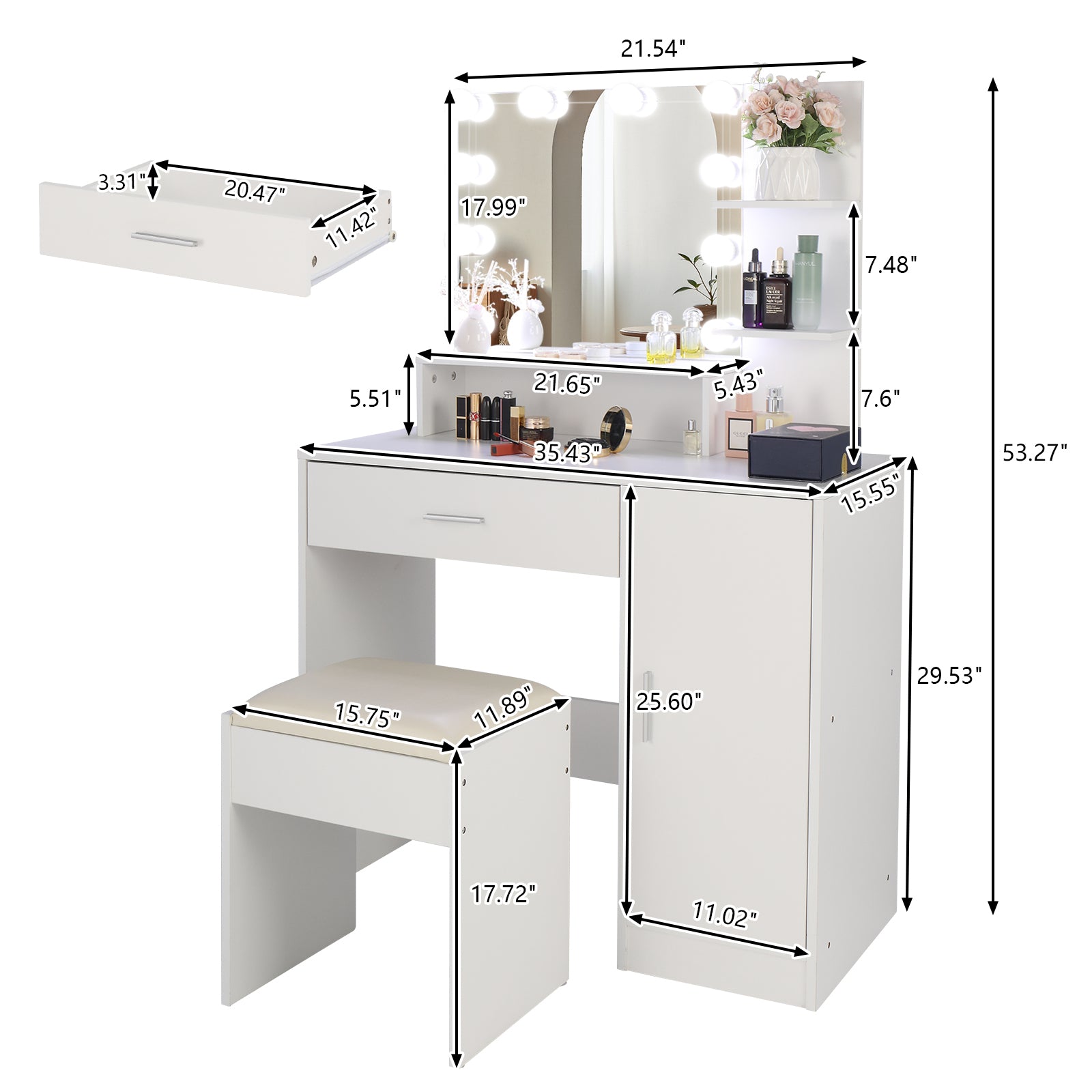ZNTS Large Vanity Set with 10 LED Bulbs, Makeup Table with Cushioned Stool, 3 Storage Shelves 1 Drawer 1 73717191