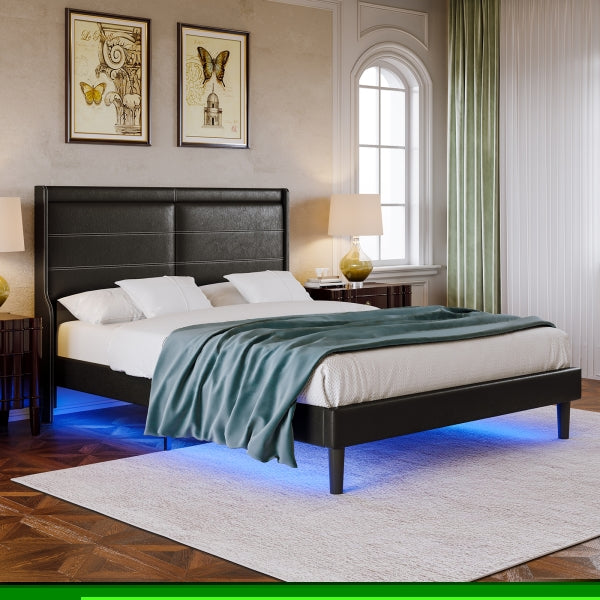 ZNTS Stylish Queen Size PU Leather Upholstered Bed Frame Platform Bed with Lights Stitched Wing-backed W69167506