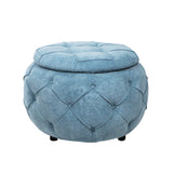 ZNTS Large Button Tufted Woven Round Storage Ottoman for Living Room & Bedroom,17.7"H Burlap Blue W1170101818