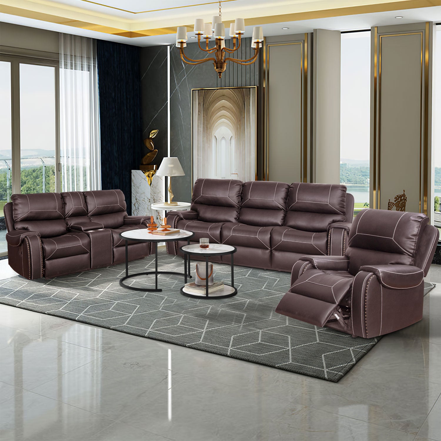 ZNTS Faux Leather Reclining Sofa Couch Single Chair for Living Room Brown W87683975