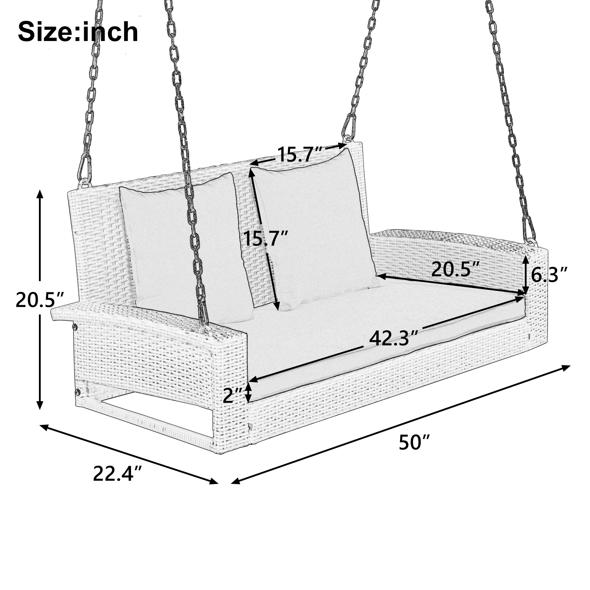 ZNTS GO 2-Person Wicker Hanging Porch Swing with Chains, Cushion, Pillow, Rattan Swing Bench for Garden, WF301718AAJ