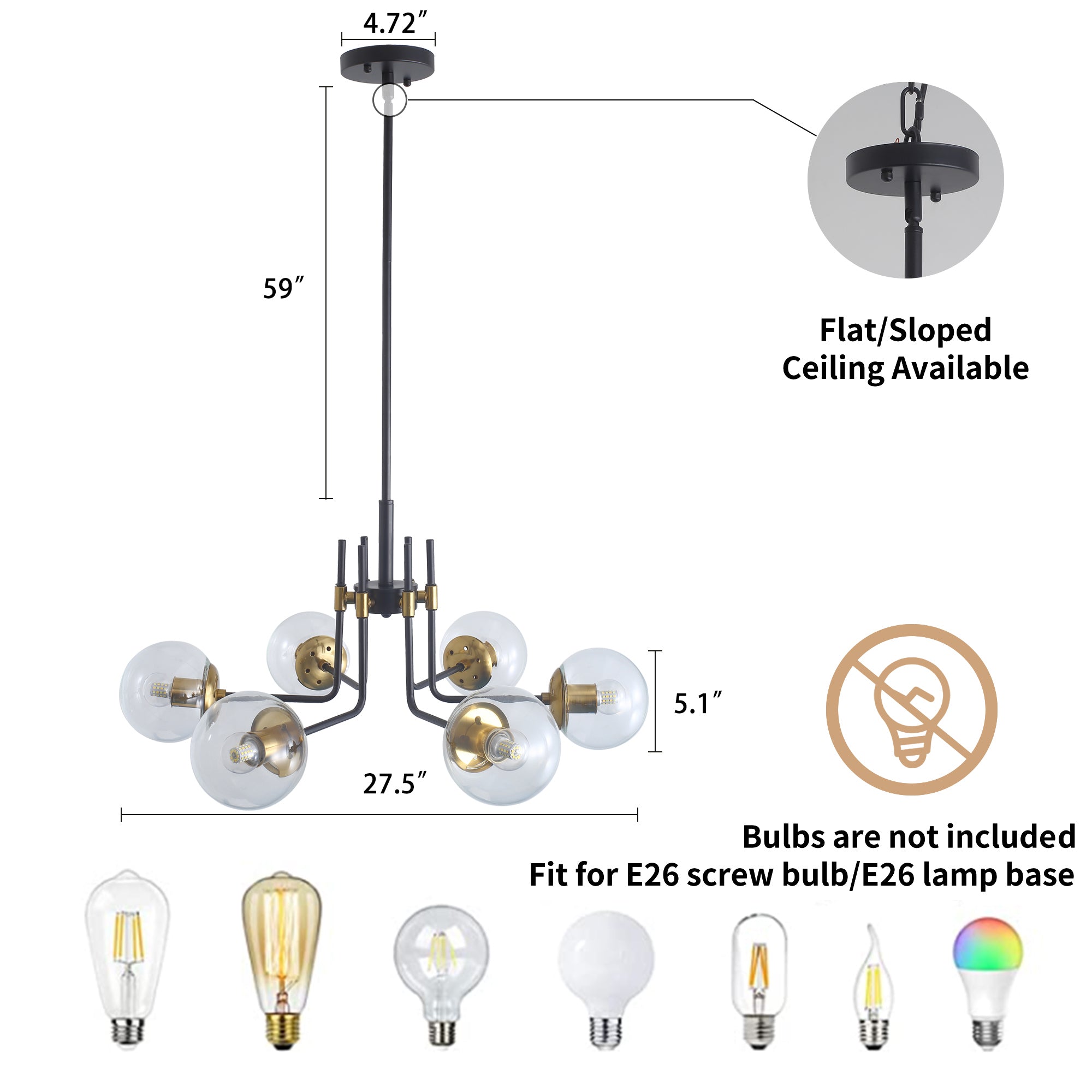 ZNTS Modern American style chandelier-black gold iron-glass lampshade -6 bulbs W116978778