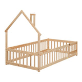 ZNTS Twin House-Shaped Headboard Floor Bed with Fence
,Natural W504119478