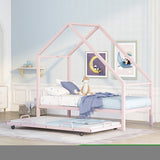 ZNTS Metal House Bed With Trundle, Twin Size House Bed Pink MF295082AAH