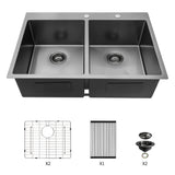 ZNTS Double Bowl Drop in Sink- 33"x22" Gunmetal Black Double Bowl Kitchen Sink 16 Gauge with Two 10" Deep W124370298