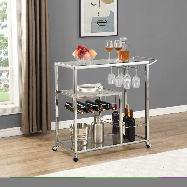 ZNTS Contemporary Chrome Bar Serving Cart Tempered Glass Metal Frame Wine Storage W82147488