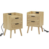 ZNTS set of 2 Rattan nightstand with socket side table natural handmade rattan（2PC,Natural 24622103