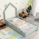 ZNTS Twin Size Wood bed with House-shaped Headboard Floor bed with Fences,Light Green W504102762