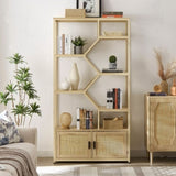 ZNTS Rattan bookshelf 7 tiers Bookcases Storage Rack with cabinet for Living Room Home Office, Natural, W116283371