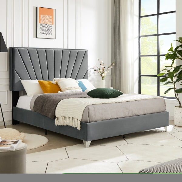 ZNTS B108 Queen bed Beautiful line stripe cushion headboard , strong wooden slats + metal support feet, W130254240