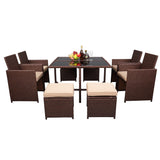 ZNTS 9 Pieces Wood Grain PE Wicker Rattan Dining Ottoman with Tempered Glass Table Patio Furniture Set 19520971