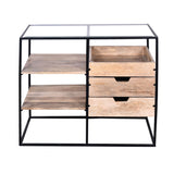ZNTS 35 Inch Handcrafted Modern Glass Table, Storage Shelves, 3 Drawers, Metal Frame, Natural Brown and B05691275